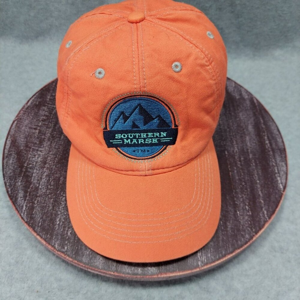 Southern Marsh Bright Orange Leather Adj. Back Embroidered Mountain ‎ Hat